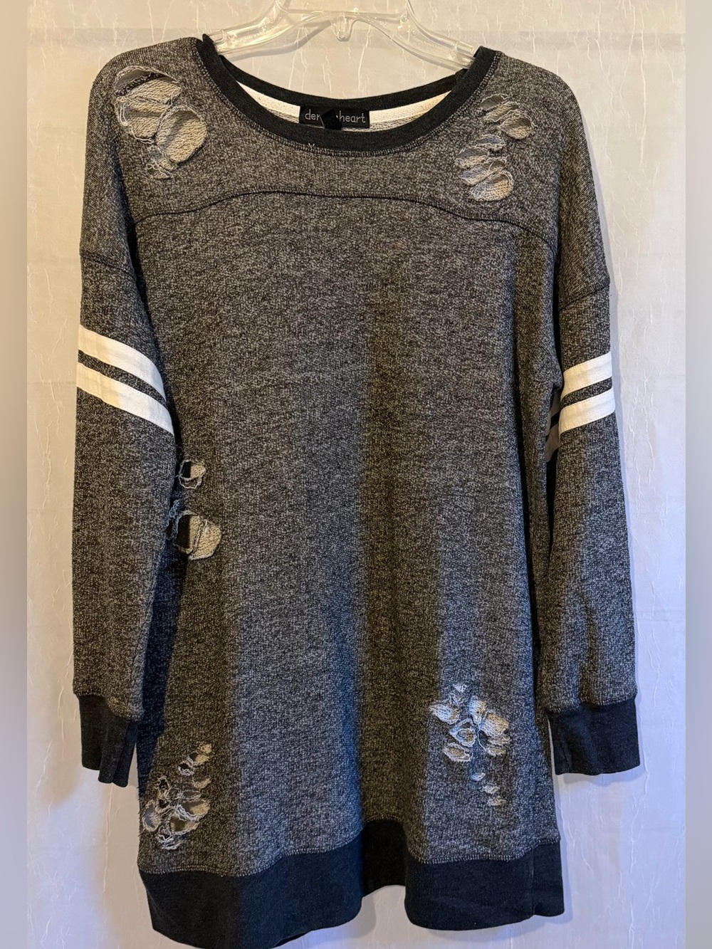 Derek Heart Charcoal Distressed Crewneck Sweater with White Sleeve Stripes